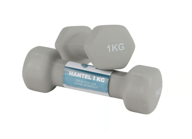 1 kg. hantelis šviesiai pilkos spalvos
